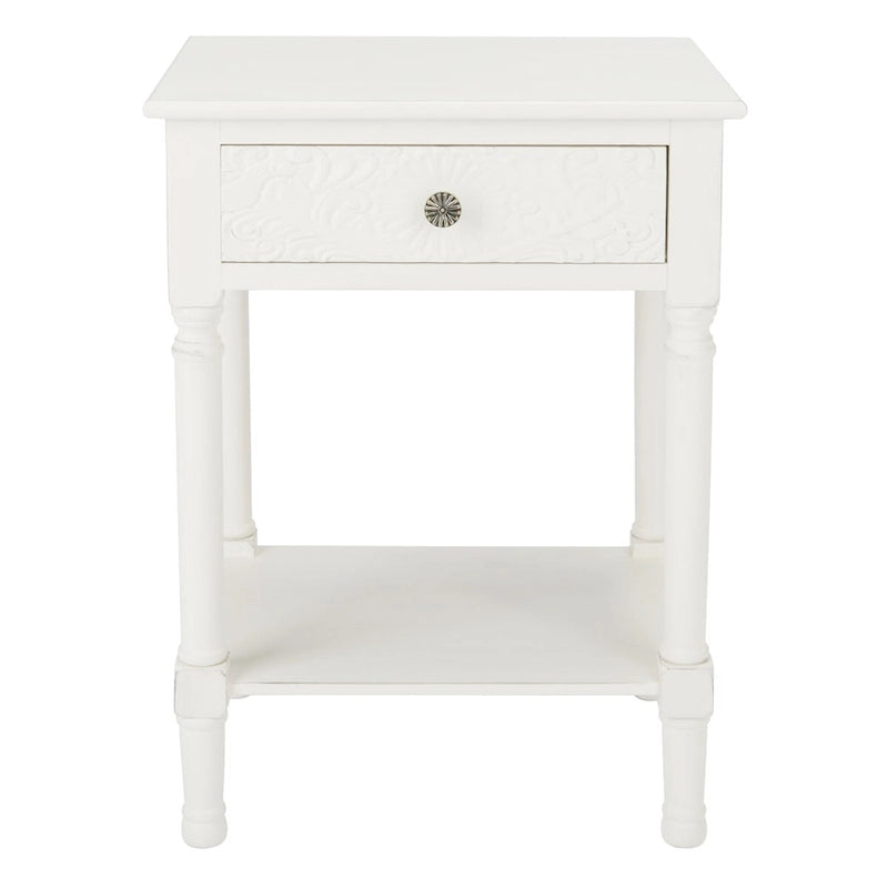 Single Drawer Carved Floral Accent Side Table Distressed Vintage Style