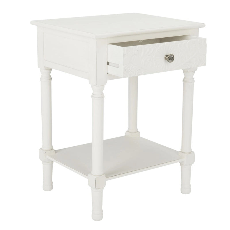 Single Drawer Carved Floral Accent Side Table Distressed Vintage Style
