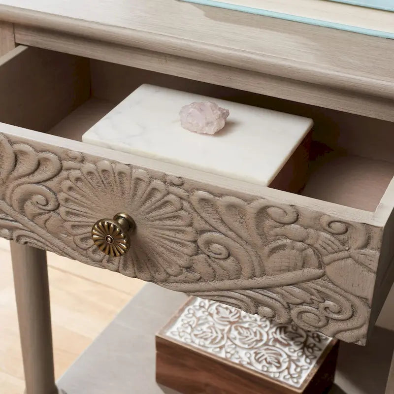Single Drawer Carved Floral Accent Side Table Distressed Vintage Style