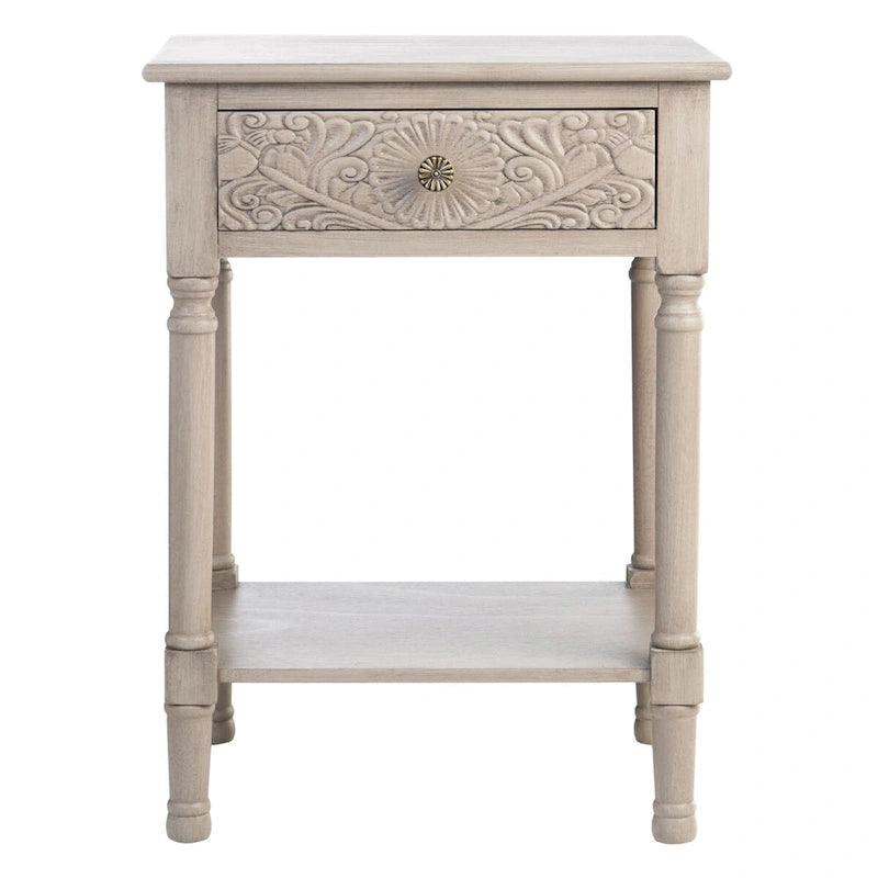 Single Drawer Carved Floral Accent Side Table Distressed Vintage Style