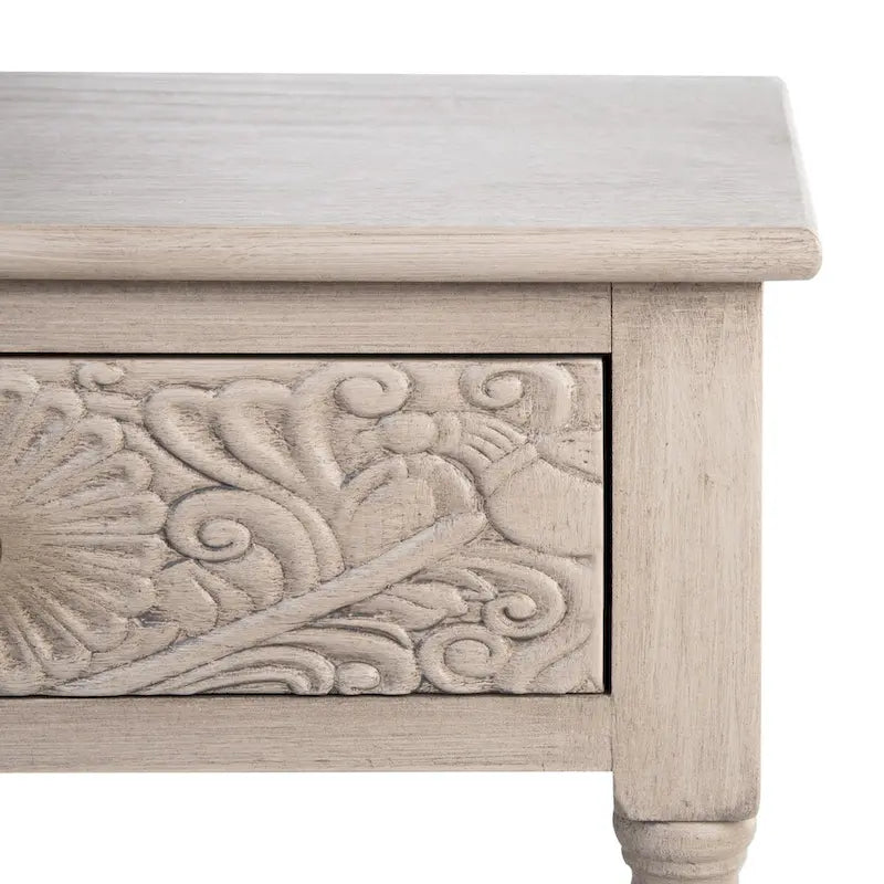 Single Drawer Carved Floral Accent Side Table Distressed Vintage Style
