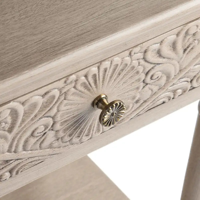 Single Drawer Carved Floral Accent Side Table Distressed Vintage Style