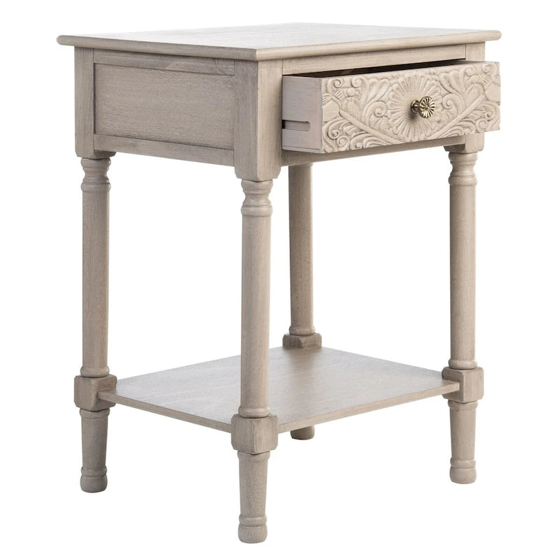 Single Drawer Carved Floral Accent Side Table Distressed Vintage Style