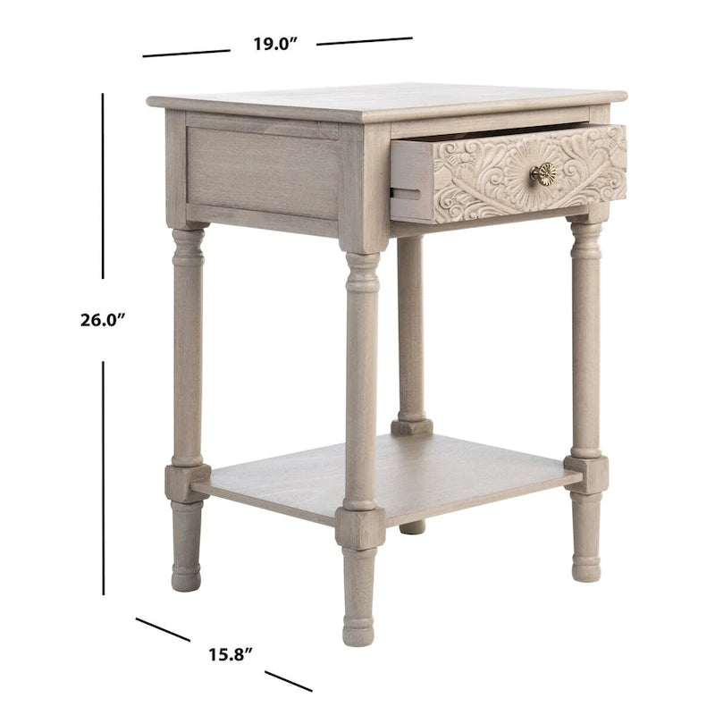 Single Drawer Carved Floral Accent Side Table Distressed Vintage Style