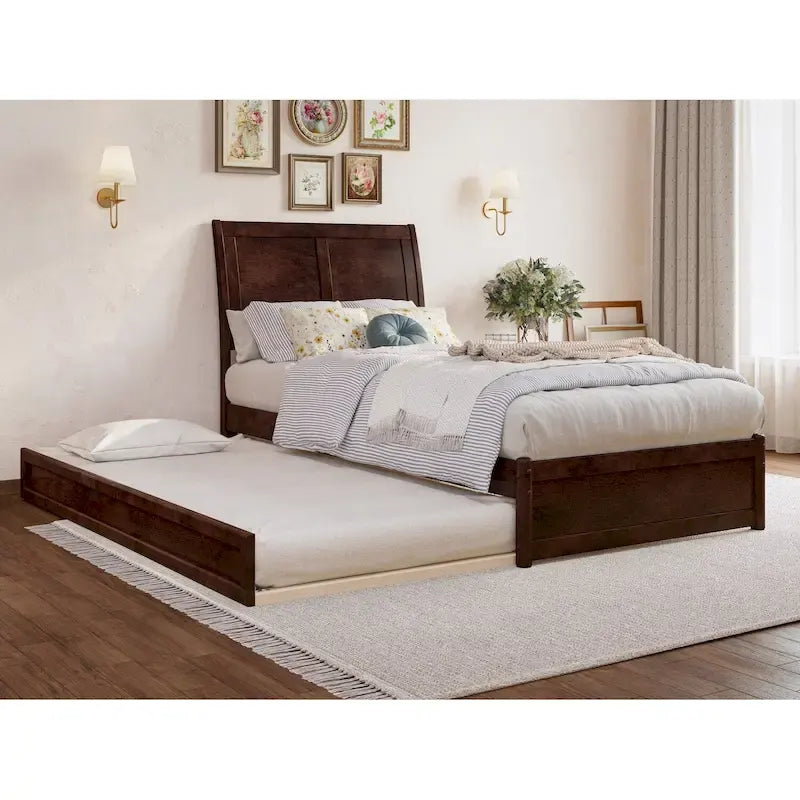 Solid Wood Sleigh Platform Bed with Panel Footboard, Walnut White Toffee