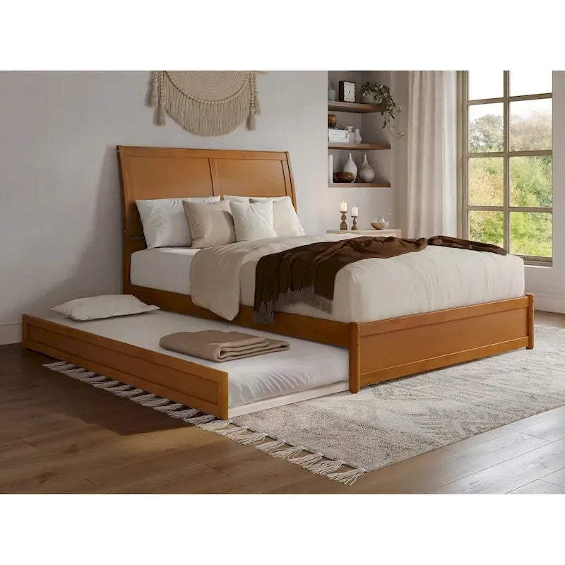 Solid Wood Sleigh Platform Bed with Panel Footboard, Walnut White Toffee