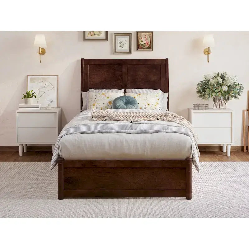 Solid Wood Sleigh Platform Bed with Panel Footboard, Walnut White Toffee