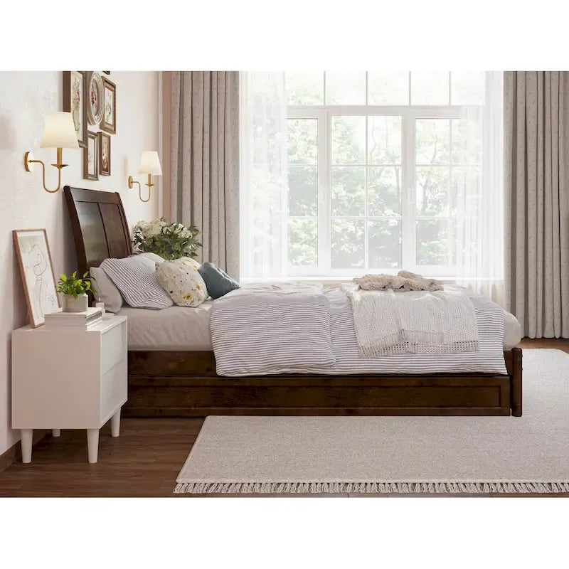 Solid Wood Sleigh Platform Bed with Panel Footboard, Walnut White Toffee