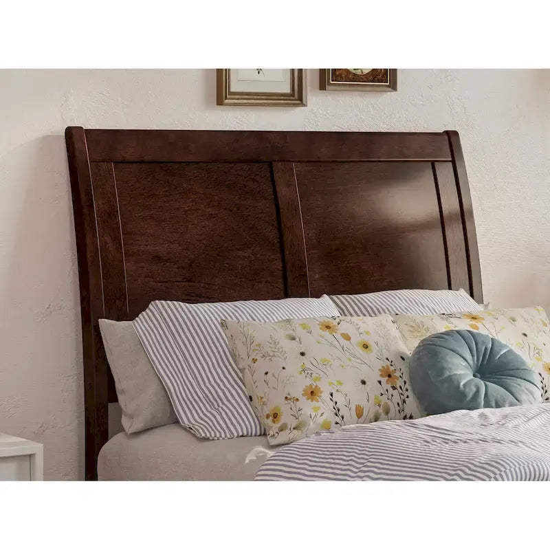 Solid Wood Sleigh Platform Bed with Panel Footboard, Walnut White Toffee