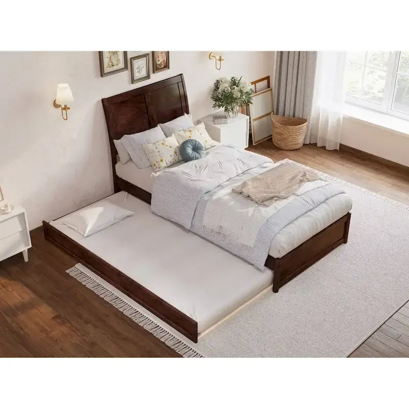 Solid Wood Sleigh Platform Bed with Panel Footboard, Walnut White Toffee
