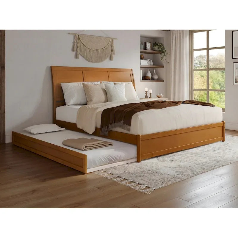 Solid Wood Sleigh Platform Bed with Panel Footboard, Walnut White Toffee