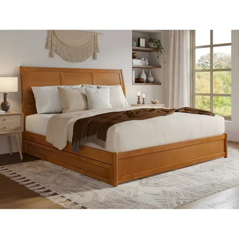 Solid Wood Sleigh Platform Bed with Panel Footboard, Walnut White Toffee