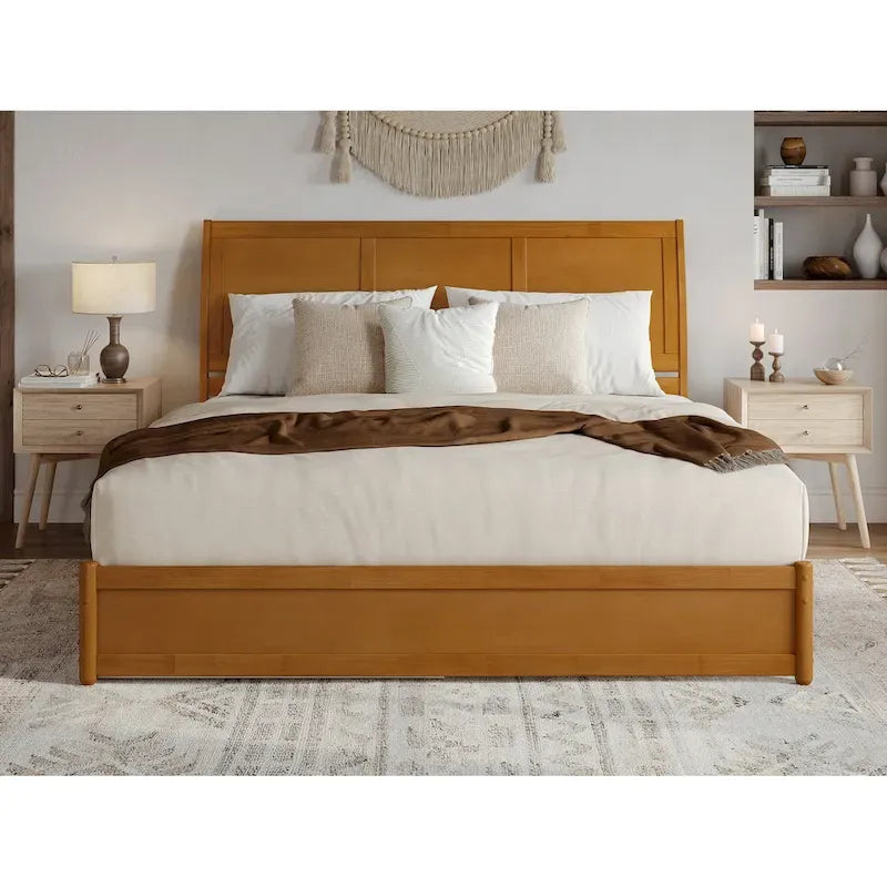 Solid Wood Sleigh Platform Bed with Panel Footboard, Walnut White Toffee