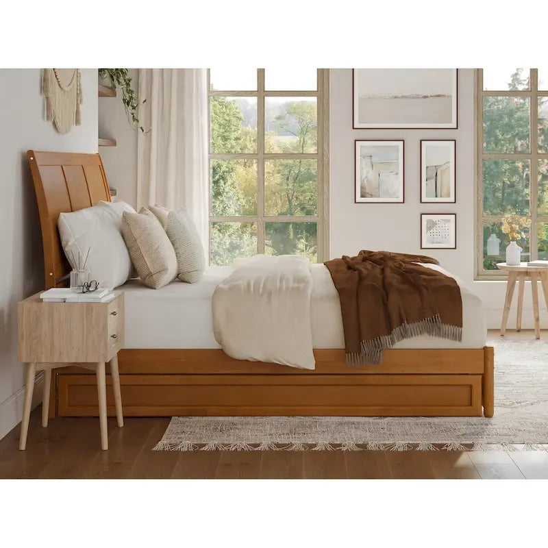 Solid Wood Sleigh Platform Bed with Panel Footboard, Walnut White Toffee