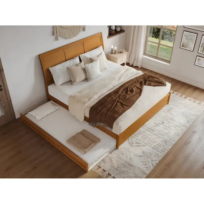 Solid Wood Sleigh Platform Bed with Panel Footboard, Walnut White Toffee