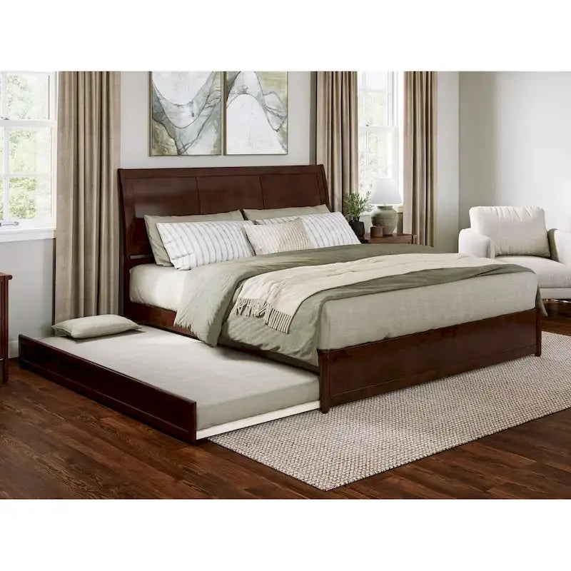 Solid Wood Sleigh Platform Bed with Panel Footboard, Walnut White Toffee