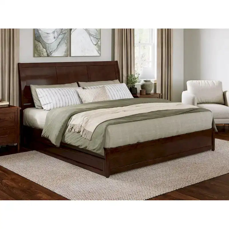 Solid Wood Sleigh Platform Bed with Panel Footboard, Walnut White Toffee