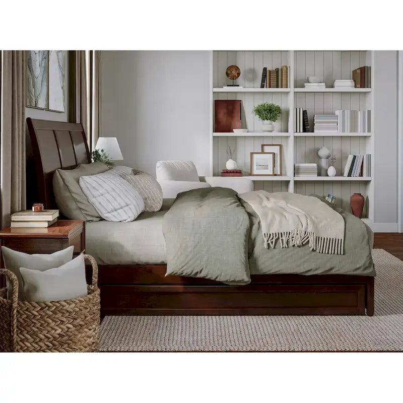 Solid Wood Sleigh Platform Bed with Panel Footboard, Walnut White Toffee
