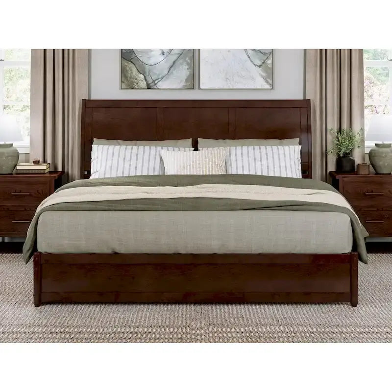 Solid Wood Sleigh Platform Bed with Panel Footboard, Walnut White Toffee