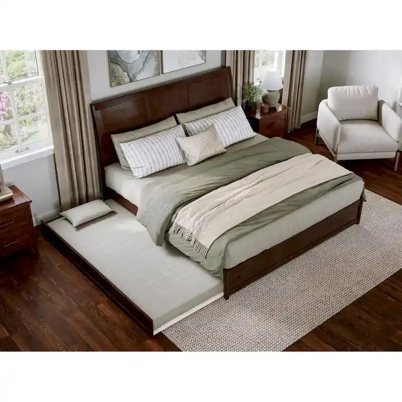 Solid Wood Sleigh Platform Bed with Panel Footboard, Walnut White Toffee