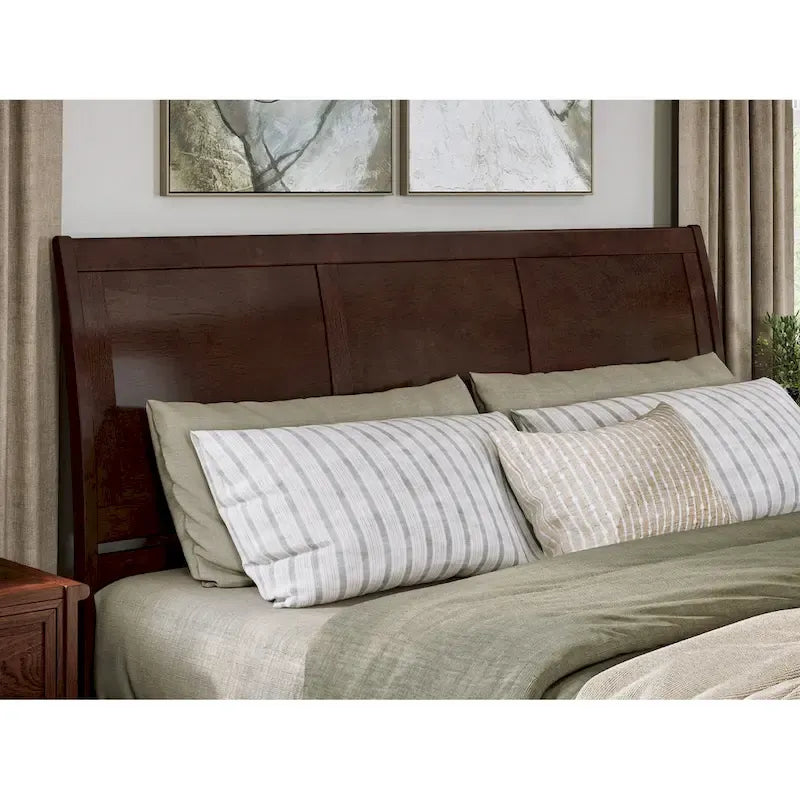 Solid Wood Sleigh Platform Bed with Panel Footboard, Walnut White Toffee