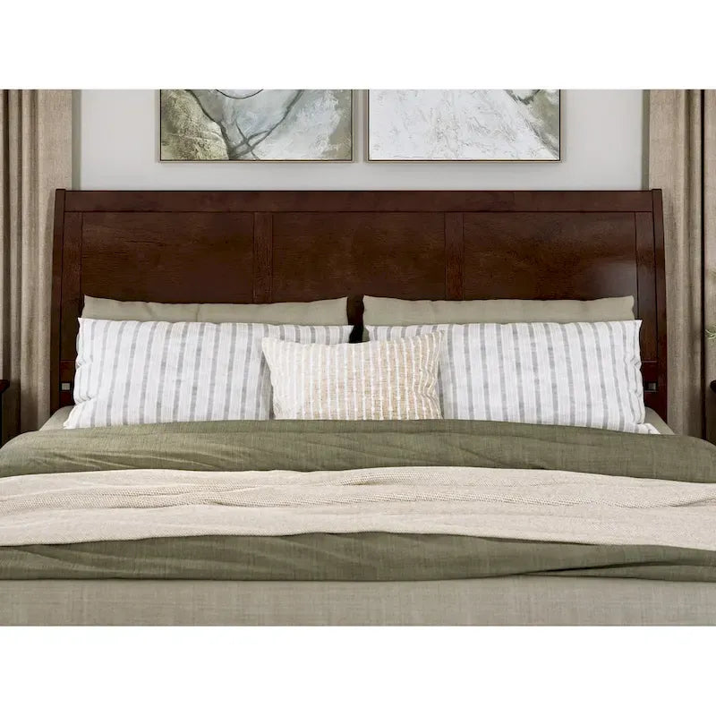 Solid Wood Sleigh Platform Bed with Panel Footboard, Walnut White Toffee