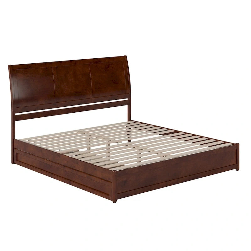 Solid Wood Sleigh Platform Bed with Panel Footboard, Walnut White Toffee