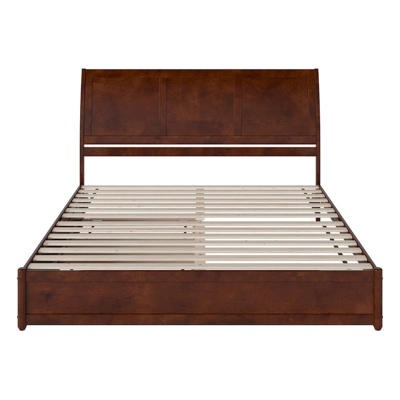 Solid Wood Sleigh Platform Bed with Panel Footboard, Walnut White Toffee