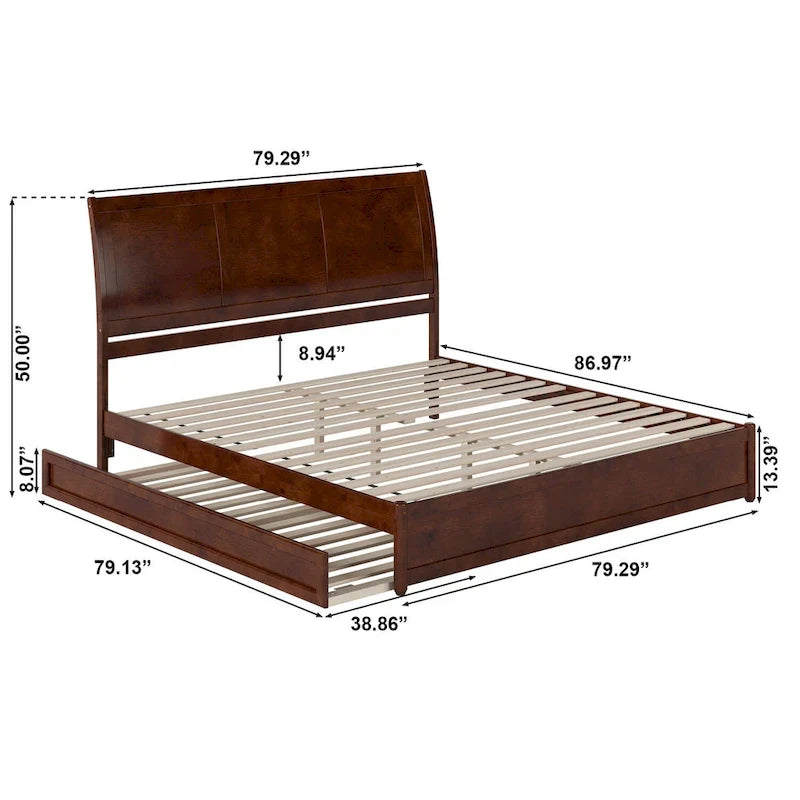 Solid Wood Sleigh Platform Bed with Panel Footboard, Walnut White Toffee