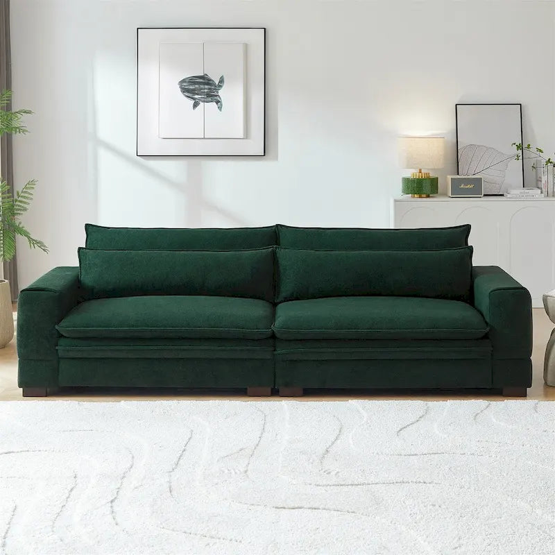 Mid-Century Modern Green Fabric 4-Seat Sofa with Solid Wood Legs