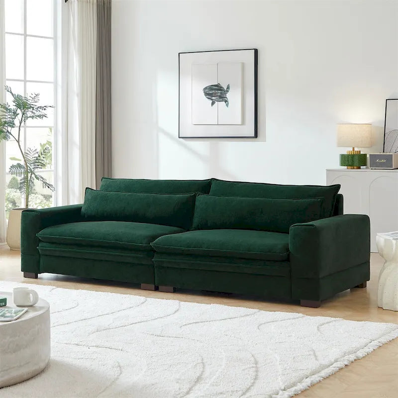 Mid-Century Modern Green Fabric 4-Seat Sofa with Solid Wood Legs