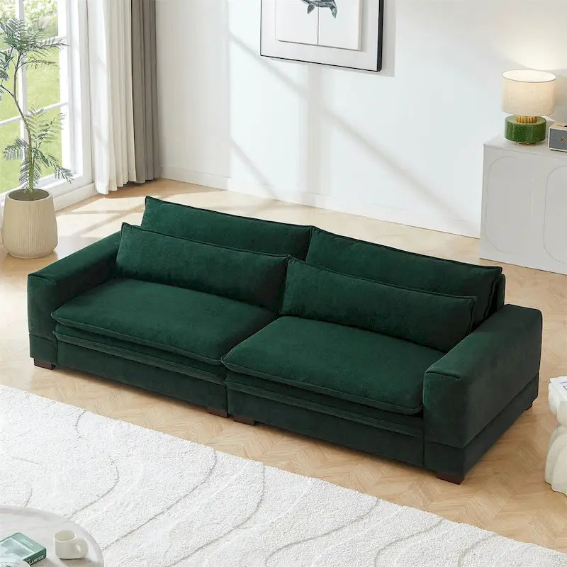 Mid-Century Modern Green Fabric 4-Seat Sofa with Solid Wood Legs