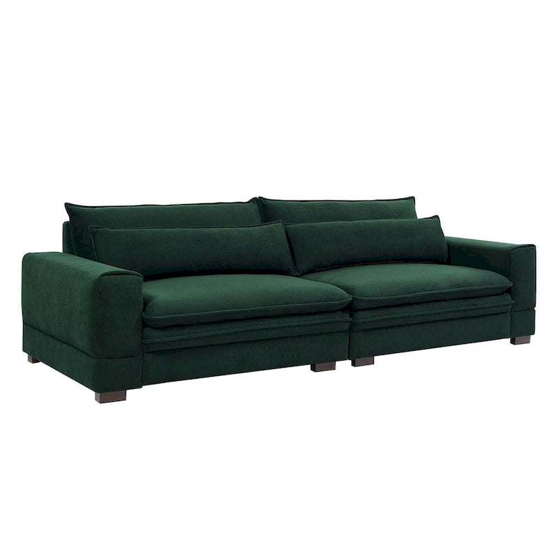 Mid-Century Modern Green Fabric 4-Seat Sofa with Solid Wood Legs