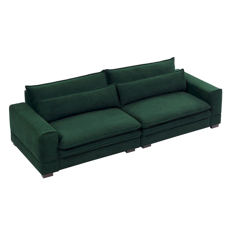 Mid-Century Modern Green Fabric 4-Seat Sofa with Solid Wood Legs