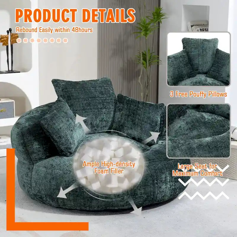 Chenille Upholstered High Back Bean Bag Lounger Chair Multiple Colors