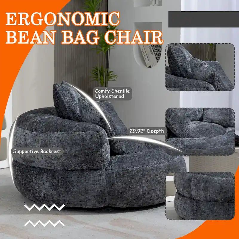 Chenille Upholstered High Back Bean Bag Lounger Chair Multiple Colors