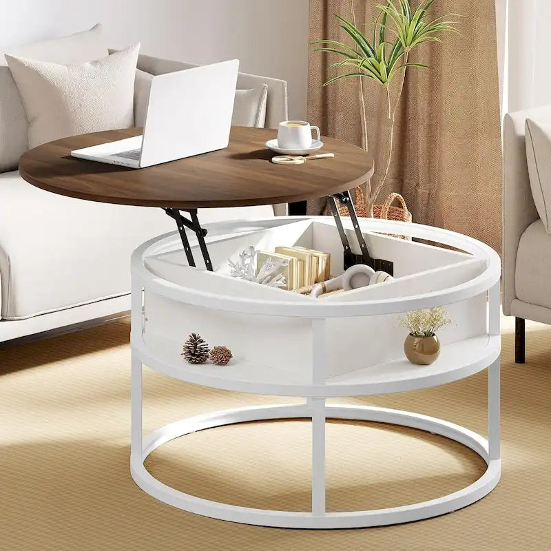 Round Lift Top Coffee Table with Hidden Storage and Open Shelf, Multi-Color