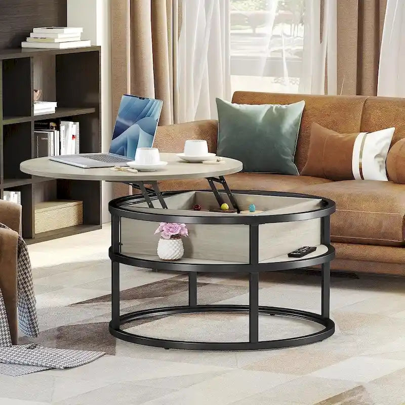 Round Lift Top Coffee Table with Hidden Storage and Open Shelf, Multi-Color