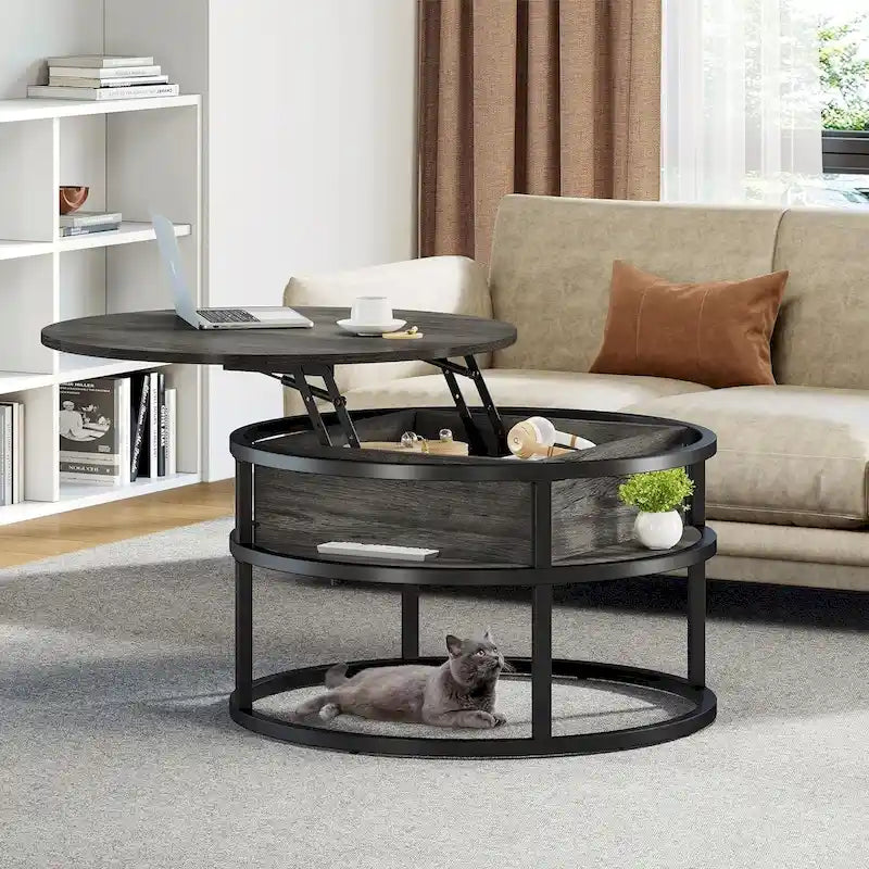 Round Lift Top Coffee Table with Hidden Storage and Open Shelf, Multi-Color