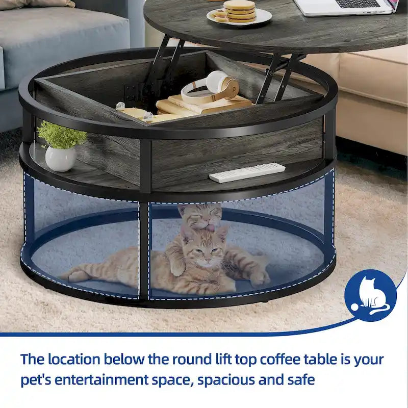 Round Lift Top Coffee Table with Hidden Storage and Open Shelf, Multi-Color