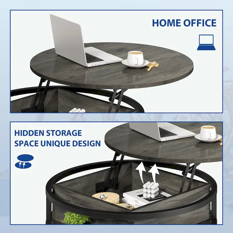 Round Lift Top Coffee Table with Hidden Storage and Open Shelf, Multi-Color
