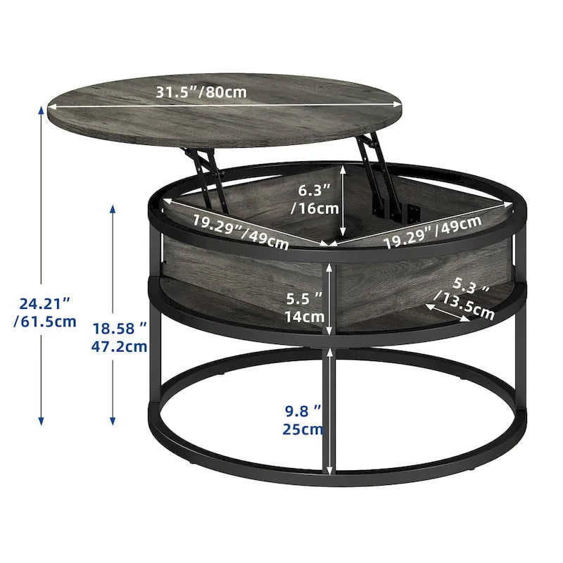 Round Lift Top Coffee Table with Hidden Storage and Open Shelf, Multi-Color