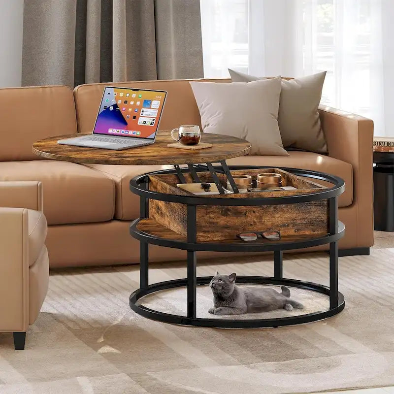 Round Lift Top Coffee Table with Hidden Storage and Open Shelf, Multi-Color