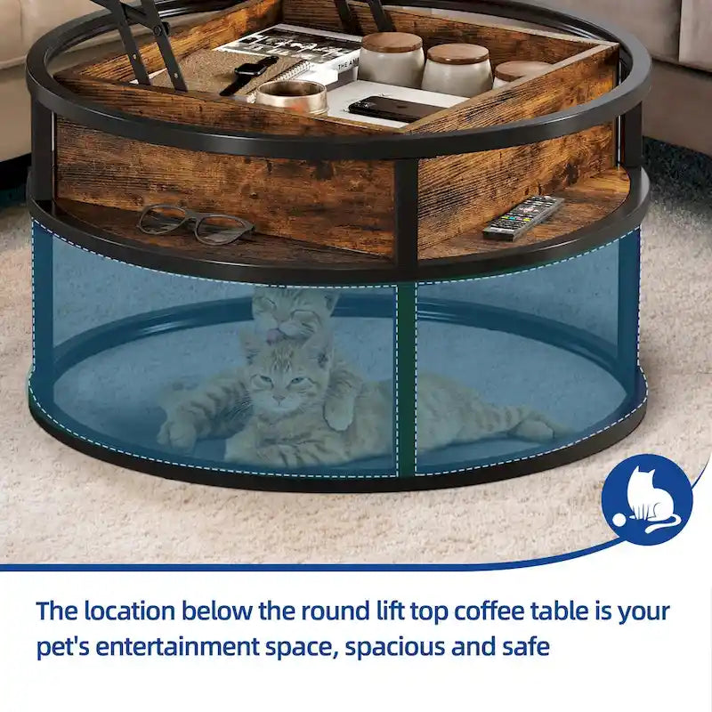 Round Lift Top Coffee Table with Hidden Storage and Open Shelf, Multi-Color