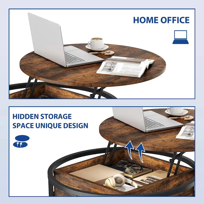 Round Lift Top Coffee Table with Hidden Storage and Open Shelf, Multi-Color