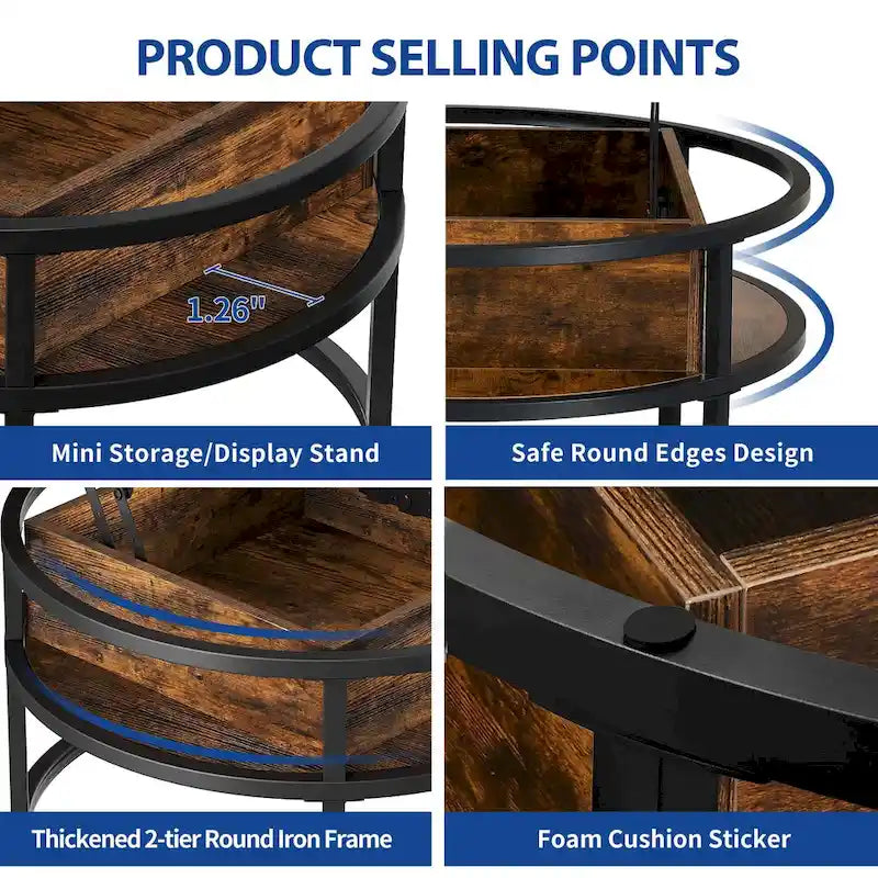 Round Lift Top Coffee Table with Hidden Storage and Open Shelf, Multi-Color