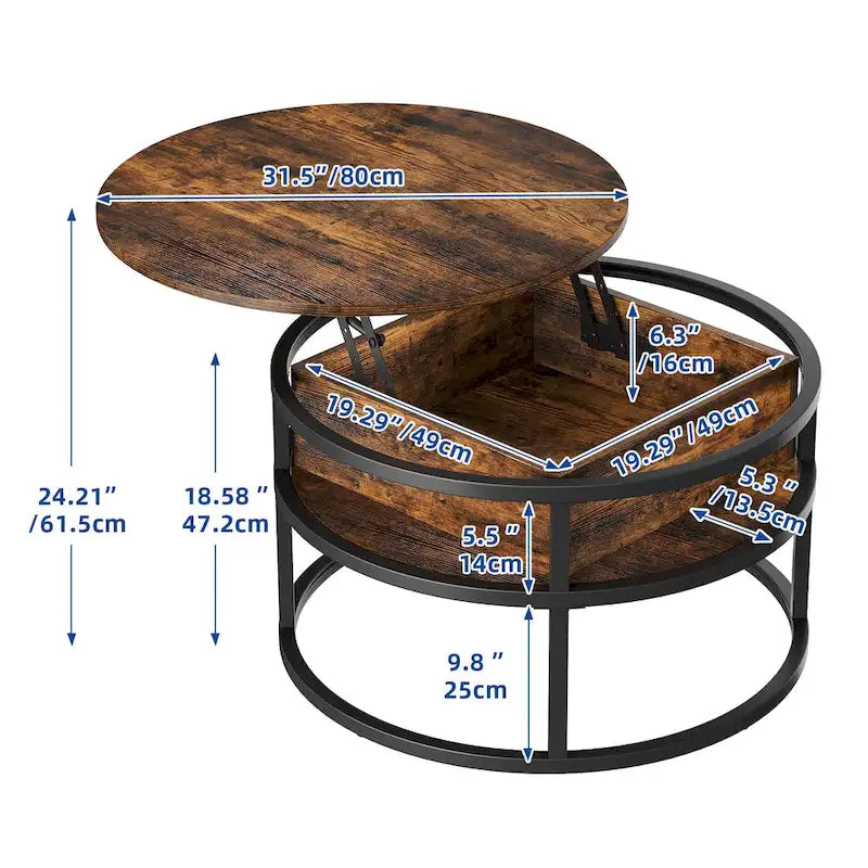 Round Lift Top Coffee Table with Hidden Storage and Open Shelf, Multi-Color