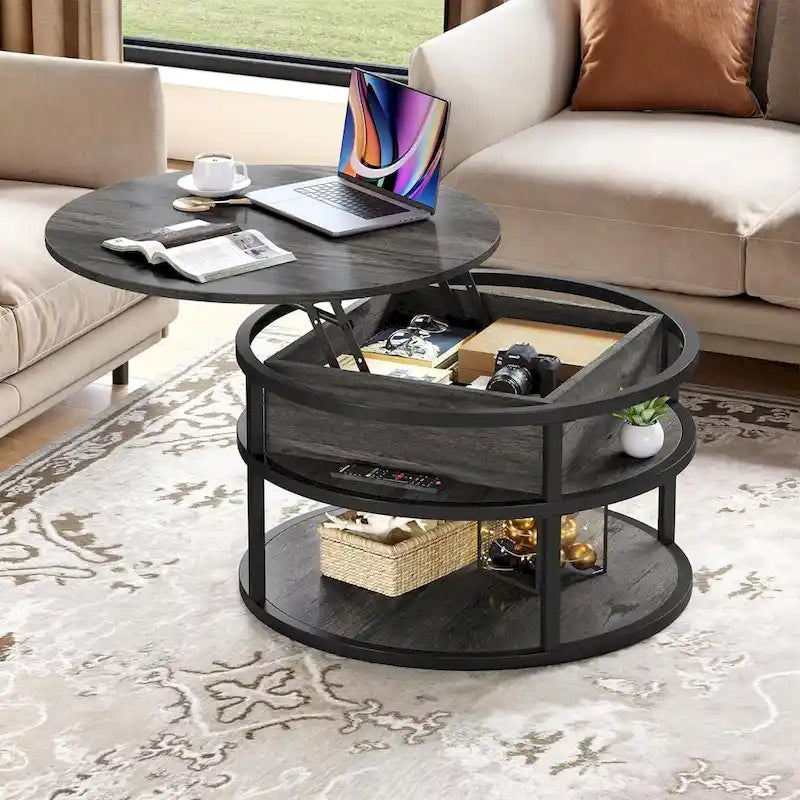 Round Lift Top Coffee Table with Hidden Storage and Open Shelf, Multi-Color