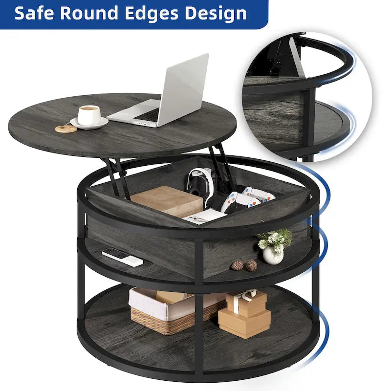 Round Lift Top Coffee Table with Hidden Storage and Open Shelf, Multi-Color