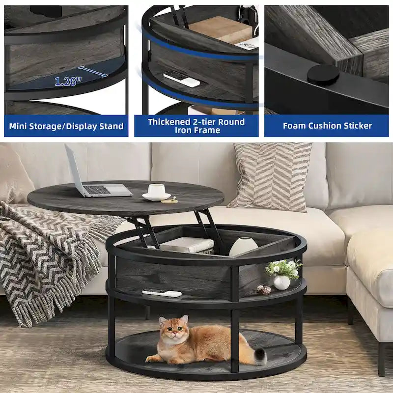 Round Lift Top Coffee Table with Hidden Storage and Open Shelf, Multi-Color